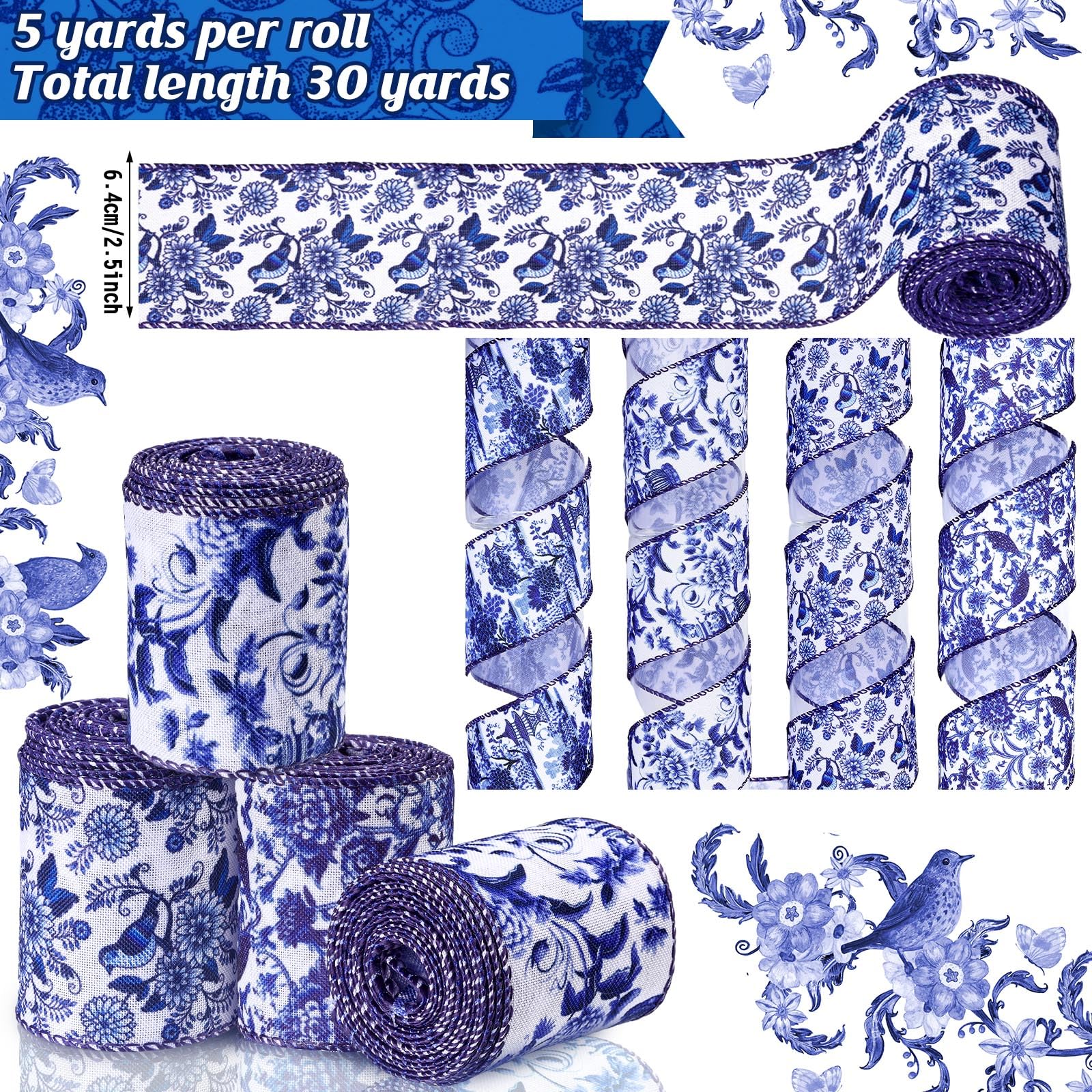 Amazon.com: Lyrow 6 Rolls Chinoiserie Ribbon White and Blue Wired